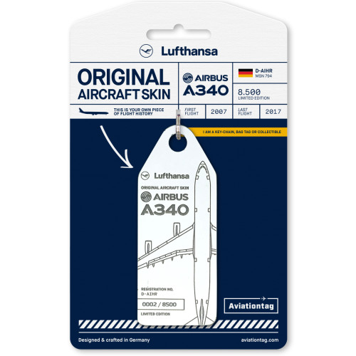 Aviationtag - Lufthansa Airbus A340 - D-AIHR - Schl&uuml;sselanh&auml;nger aus original Flugzeughaut -